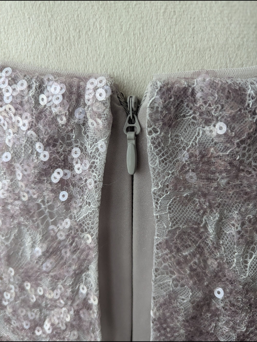 BCBGMaxAzria Smoky Lavender Lace & Sequin Off-Shoulder Mini Dress - Picture 4 of 8